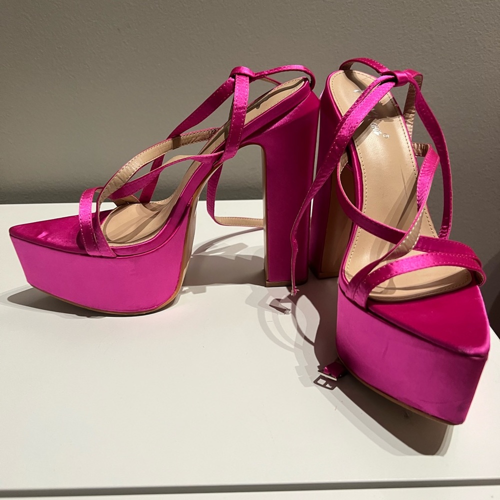 Hot Pink Satin Platform Heels